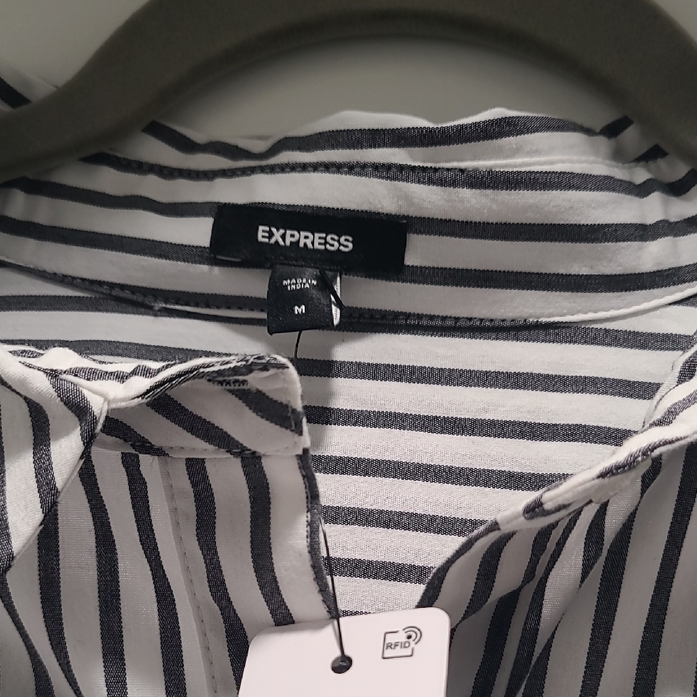 Express Black and White Striped Long Sleeve Mini Shirt Dress - Picture 3 of 6